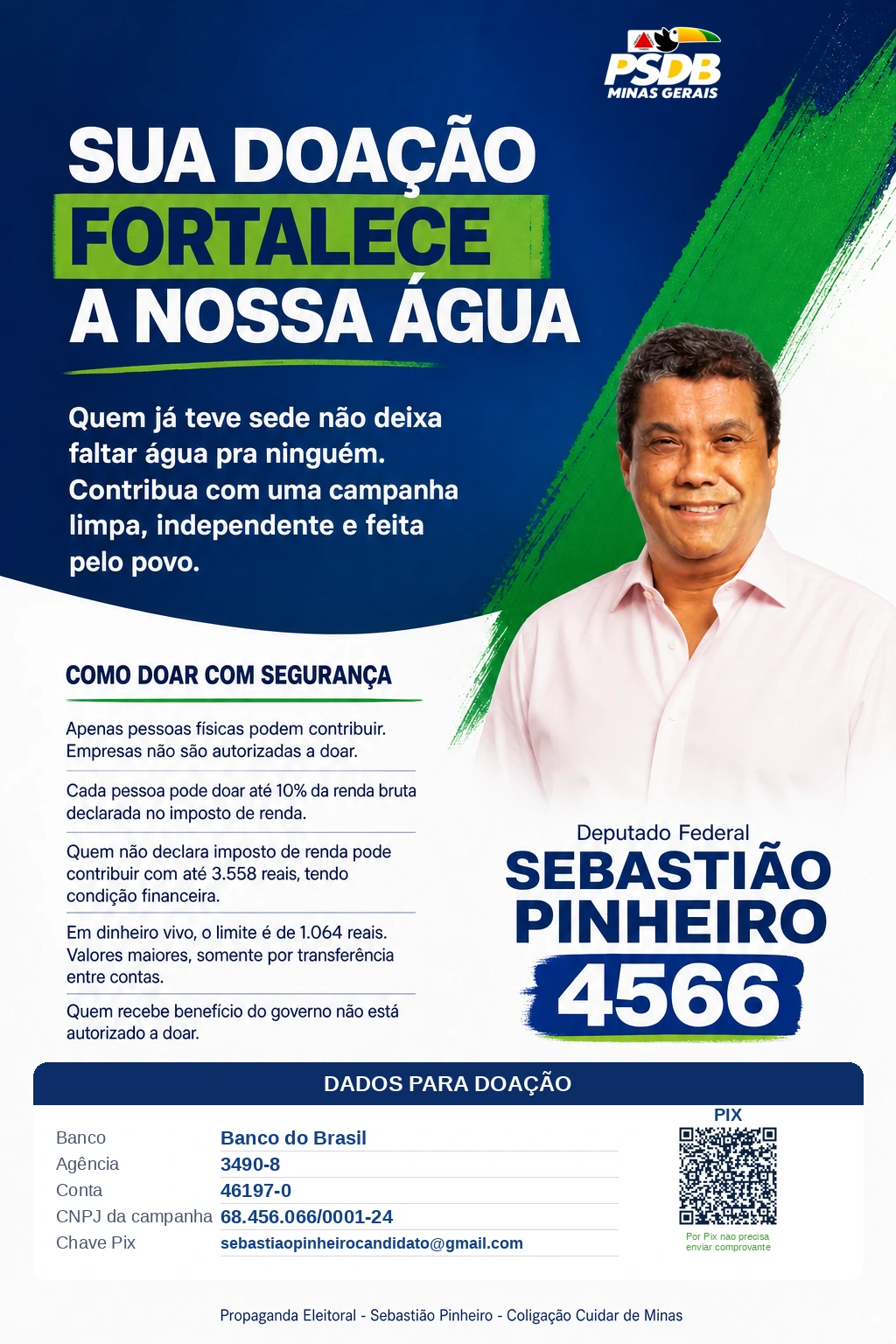 Cartão de apoiador de Sebastião Pinheiro, número 4566: como doar com segurança, dados bancários e QR Code Pix da campanha